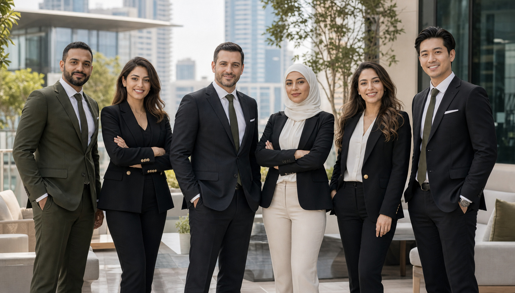 A diverse team of professionals standing together