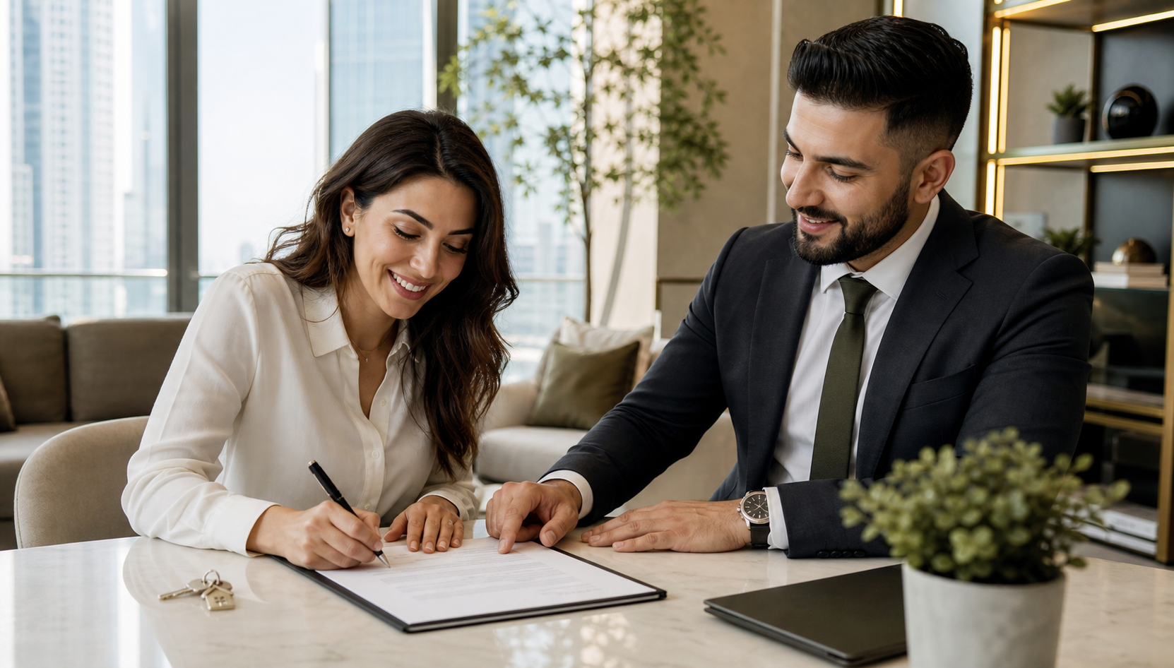 Real estate professionals working with clients around a table